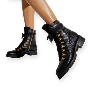 The Office of Angela Scott Mr. Bernard Combat Boot Black Leather Croc EU 38 US 8